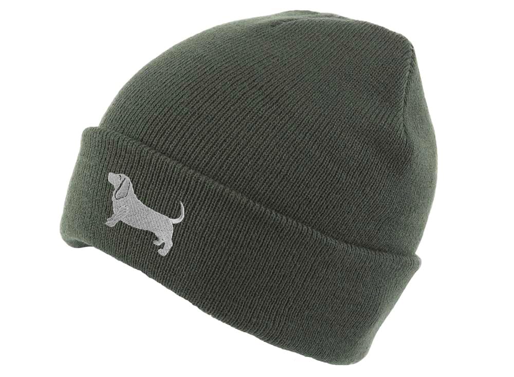 The House Of Dog: Basset Hound Owner Gift. Classic Cuffed Unisex Beanie Ski Hat with Embroidered Design. Olive