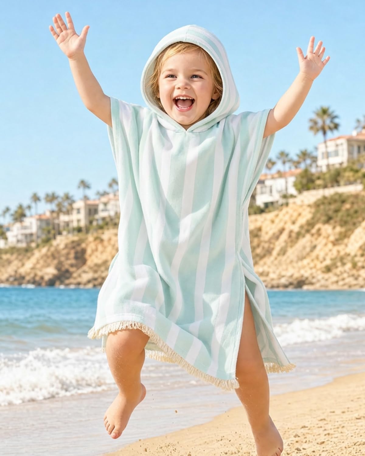 FishingDino Poncho da bagno per bambini, taglia 68-128, asciugamano ad asciugatura rapida, poncho per bambini con nappe, poncho da bagno a righe, poncho da surf per ragazzi e ragazze 0-6 anni, blu, 68