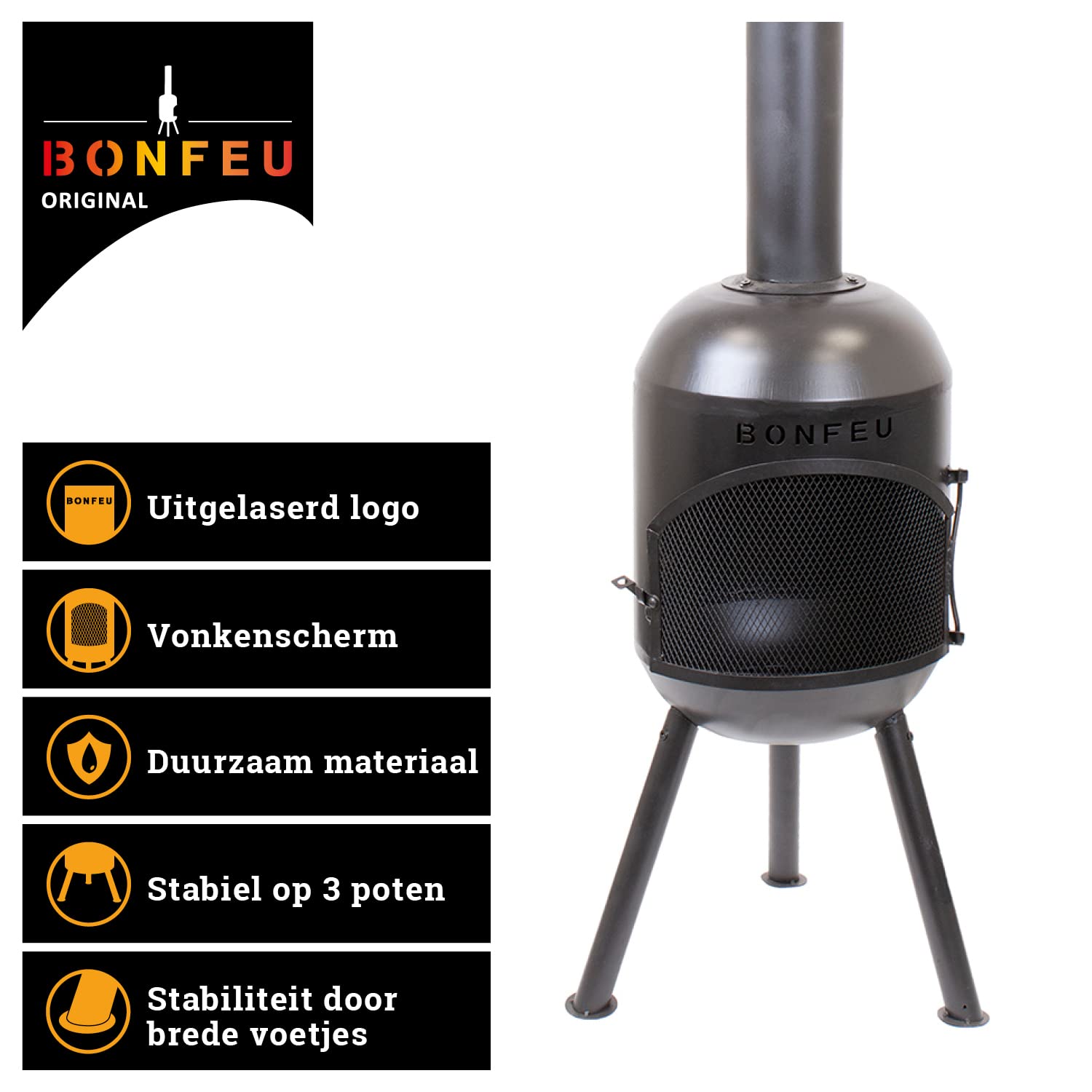 BonFeu BonSolo Piec tarasowy czarny – wysokiej jakości kominek ogrodowy z funkcją grillowania, Ø 34 cm, wys. 124 cm – wytrzymały kominek ze stali wraz z rusztem do grillowania i pogrzebaczem do ogrodu