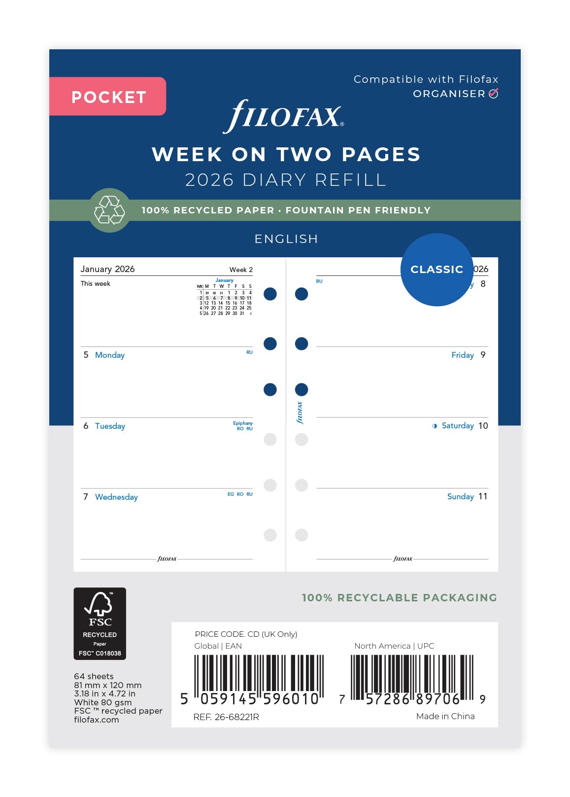 Pocket Week on two pages English recycled paper 2026 diary 26-68221R, White, Pocket Size