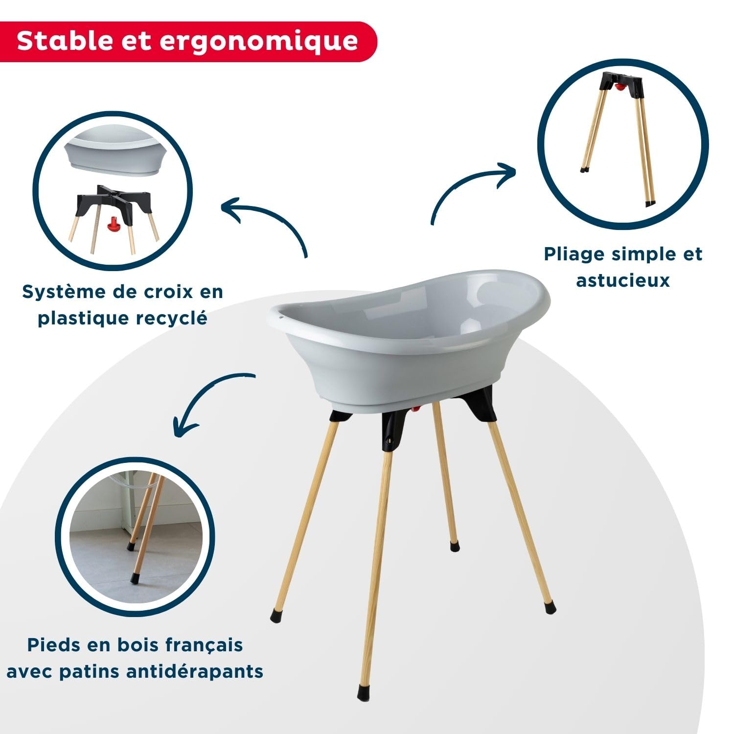 THERMOBABY-Kit Vasca da bagno per neonati-Vasco-Vasca da bagno, piede in legno e tubo di scarico-Innovazione brevettata-Pieghevole e stabile-Può ospitare lettino da bagno-Made in France-Grigio Charme