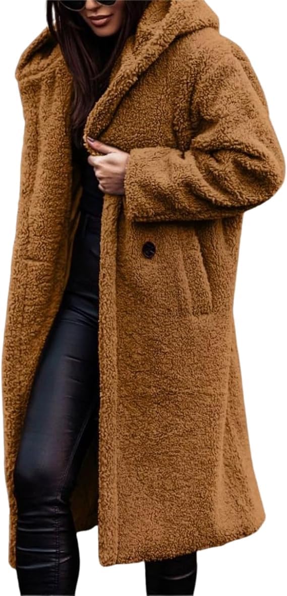 Women's Long Hooded Coats Fleece Warm Button Cardigan Jacket Outerwear Fashion Oversized Sweaters with Pockets