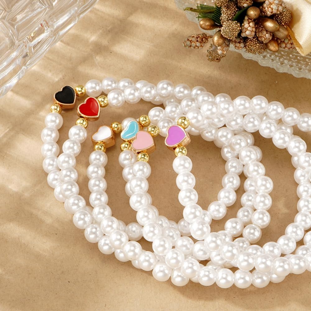 6PCS/set Pearl Colorful Love Heart Drawstring Bracelet for Women,Dainty gold Bead Bracelets Charm Handmade Fashion Jewelry Gift - Image 5