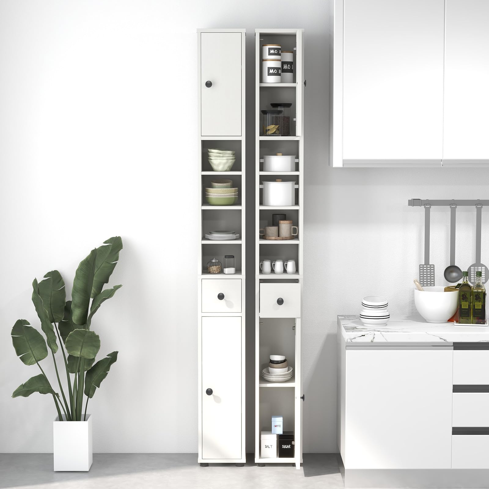 Armadietto Da Pavimento COSTWAY 56x30x108 Cm – 2 Cassetti, Ante Con Ripiano Regolabile, Piedi In Legno Di Pino Per Bagno E Ingresso