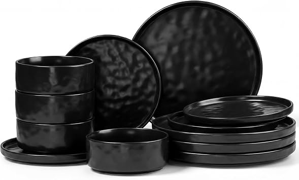 E-far Black Plates and Bowls Sets, 12-Piece Stoneware Dinnerware Set for 4