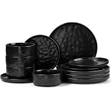 E-far Black Plates and Bowls Sets, 12-Piece Stoneware Dinnerware Set for 4