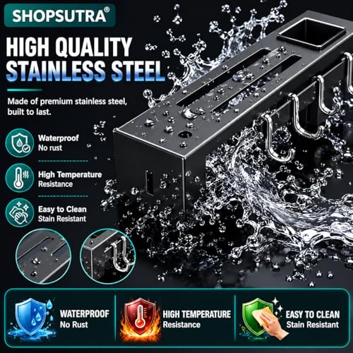 Image of Wall Mounted Knife Holder Rack with Hooks and Utensil Cups, Stainless Steel, Black, 40 cm