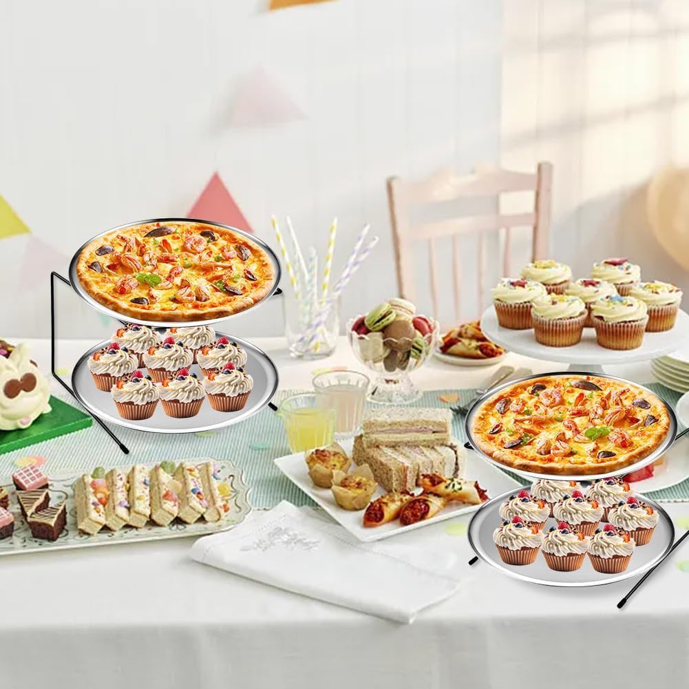 6 Pcs Pizza Pan Riser Stand Set, 2 Metal Pizza Table Stands + 2 Nonstick Pizza Pans + 2 Pie Servers, Gold Pizza Rack & Tray for Baking, Dessert, Cheese, Party, and Restaurant Use (Silver 2Pcs)