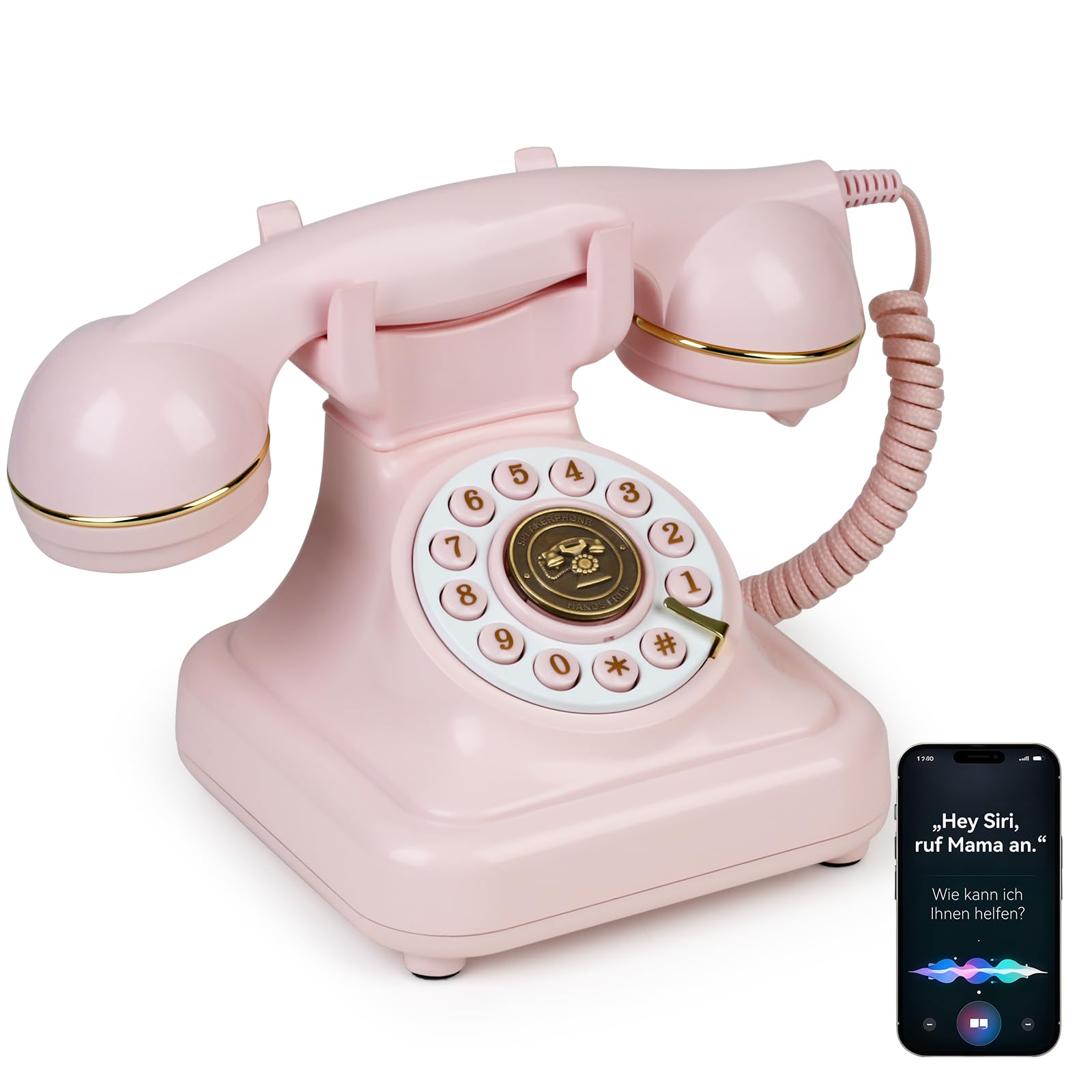 Bluetooth Retro Telefon mit Sprachassistent – Bluetooth Festnetztelefon & Handy‑Verbindung für Android & iOS, Drahtloses Retro Home Phone mit Freisprecher, Lautstärkeregelung & USB‑Akku,Rosa