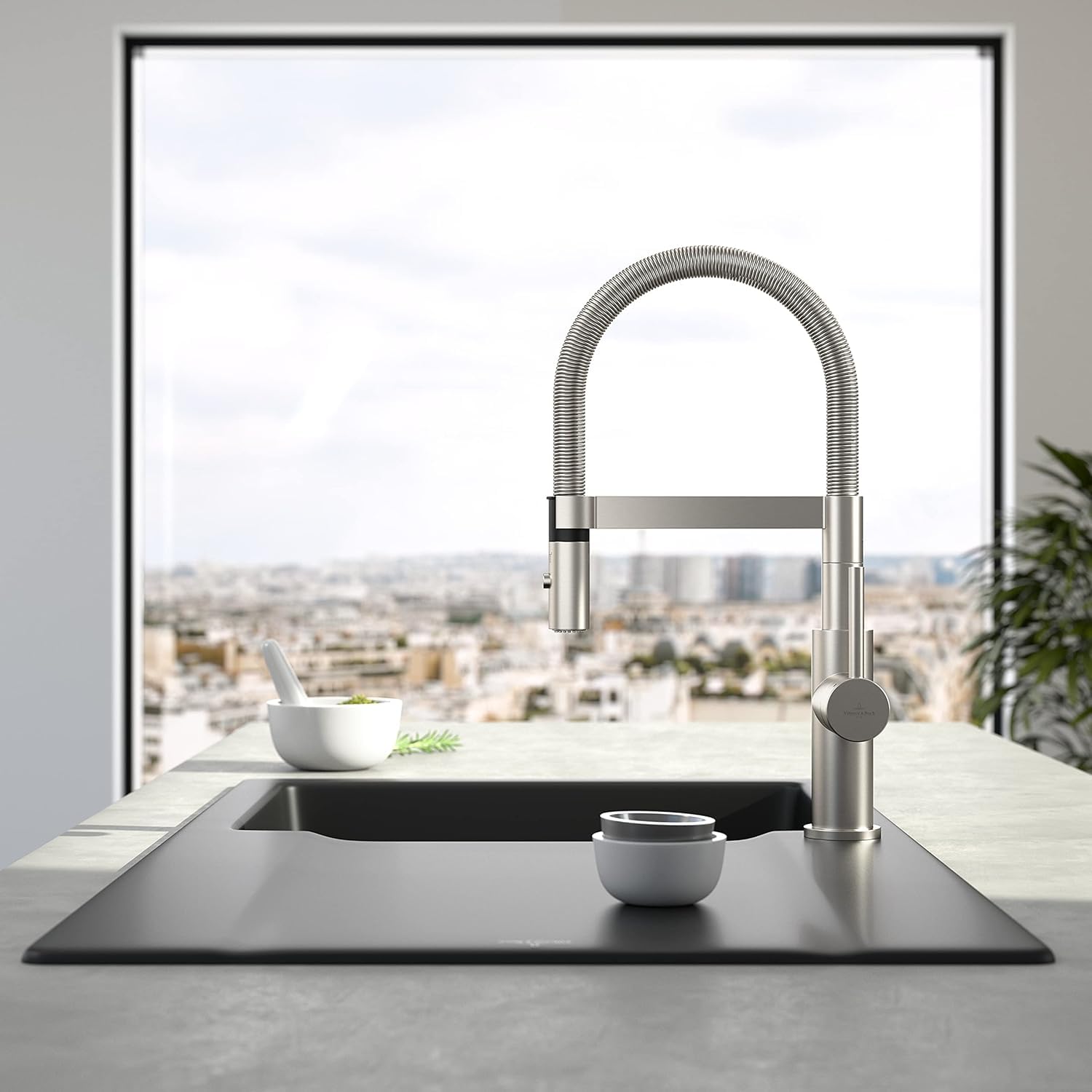 Villeroy & Boch Steel Expert Compact grifería de cocina, alta presión, con función de conmutación y desagüe orientable, grifo de fregadero de bajo consumo, altura del caño 143 mm, acero inoxidable