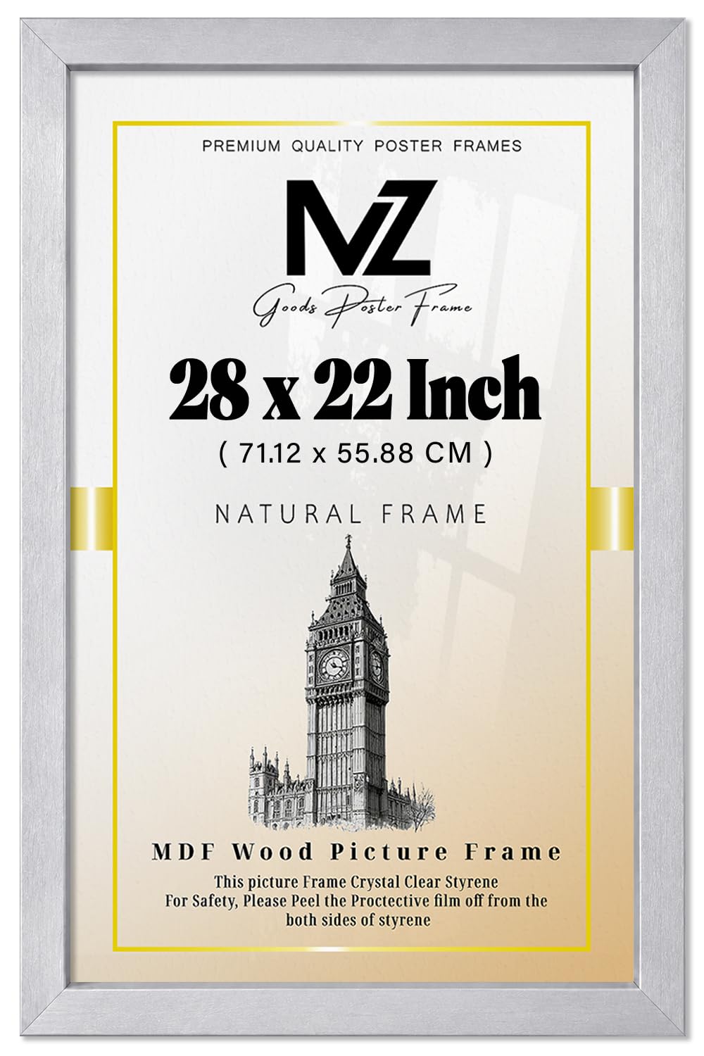 MZ GOODS | MDF Wood Poster Frame (71.12 x 55.88 CM) 28X22 Inch for Wall Décor, Art & Home Interiors, MDF Build with Portrait & Landscape Hanging Hooks [ Silver ]