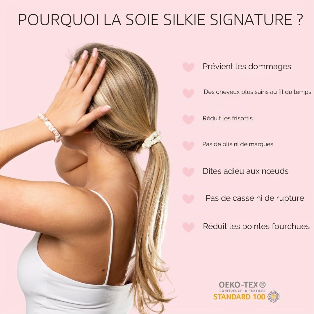 SILKIE Skinny Scrunchies Lot de 4 chouchous élastiques doux pour cheveux anti-casse en 100% pure soie de murier idéal pour tous cheveux bouclés raides épais fin avec pochette de voyage (Truffle)