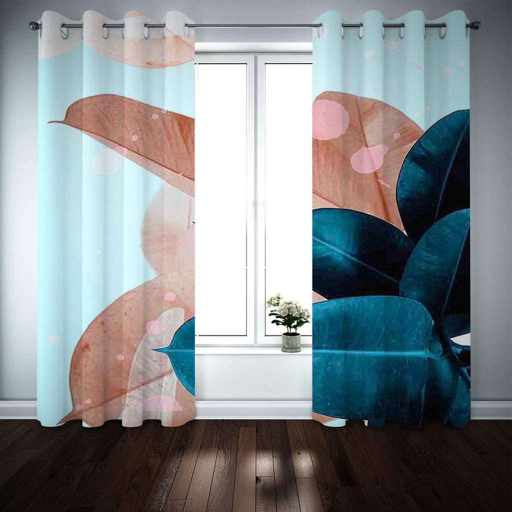 Gardinen Schlafzimmer Wohnzimmer Verdunkelungsvorhang Digitaldruck 3D Blaue Und Rosa Palmblätter Blickdicht Vorhänge Kinderzimmer Thermovorhang Mit Ösen 200X214Cm (B X H) 2Er Set