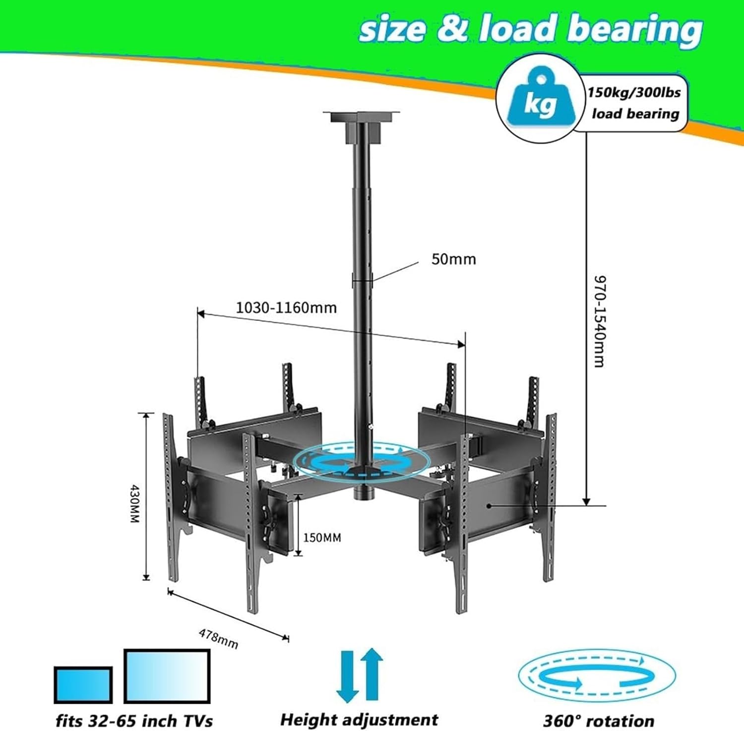 TV Ceiling Mount Bracket - 4 Sided TV Ceiling Mount - Adjustable Tilt and Swivel TV Ceiling Mount,360 Degree Rotating LCD TV Frame,for 30-50 Inch TVs,4 Movement Flat/Curved Sc