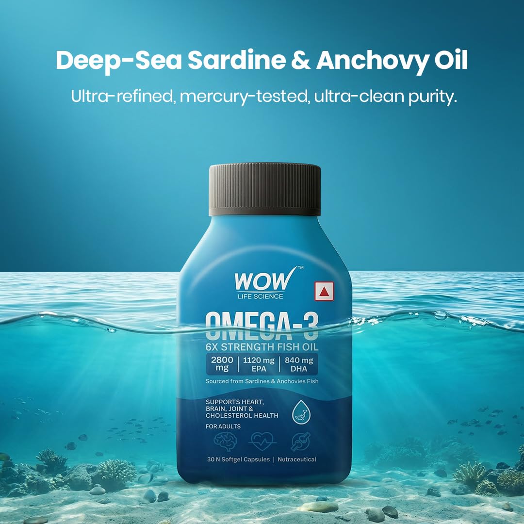 WOW Life Science Omega‑3 6X Strength Fish Oil Softgel Capsules | 2800 mg Fish Oil with 1120 mg EPA & 840 mg DHA | Supports Heart, Brain & Joint Health | Sourced from Sardines & Anchovies | 30 Softgel Capsules 4