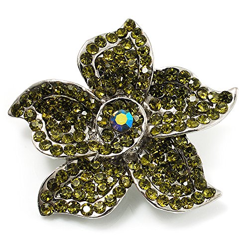 Avalaya Small Olive Diamante Flower Brooch (Silver Tone) #TOP21