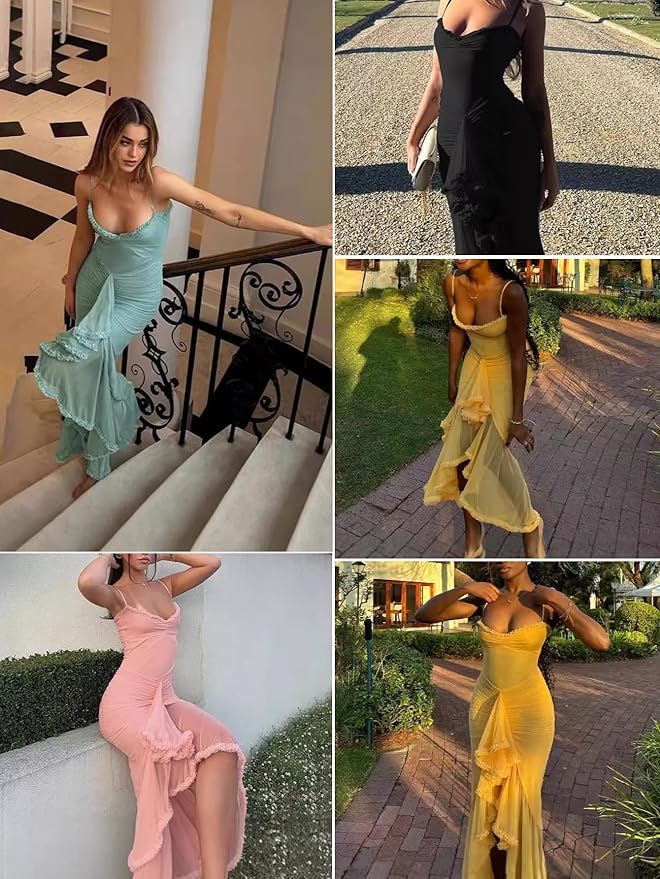Image of meilun Elegant Mesh Wedding Guest Dress Flowy Ruffle Bodycon Maxi Dress Fishtail Long Formal Dress
