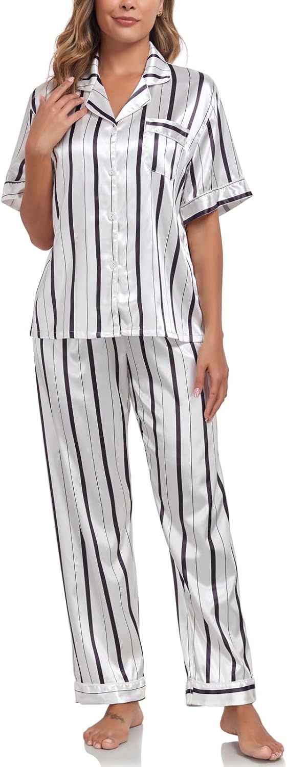 Silk Pajamas for Women Set Short Sleeve Sleepwear Button Down Shirt with Long Pants 2 Piece Striped Soft Pj Set - Image 2