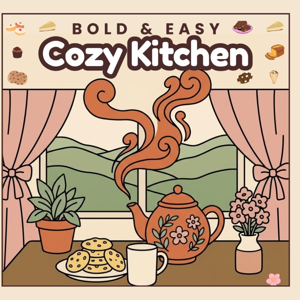 Bold & Easy Cozy Kitchen Coloring Book: 50 Simple, Relaxing Farmhouse Kitchen Scenes for Adults, Seniors & Beginners - Large Print Stress Relief Coloring