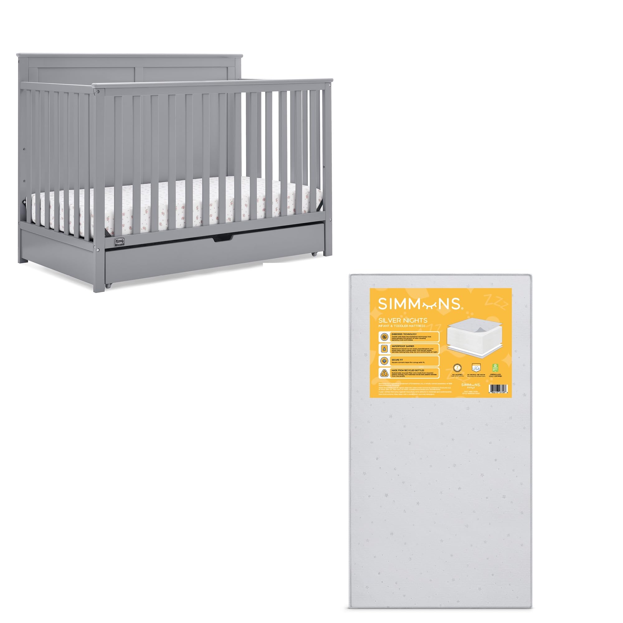 Simmons Kids Logan 6-in-1 Convertible Crib with Underdrawer - Greenguard Gold Certified, Grey + Simmons Kids Silver Nights Dual Sided 2-Stage Antimicrobial Baby Crib Mattress (Bundle)