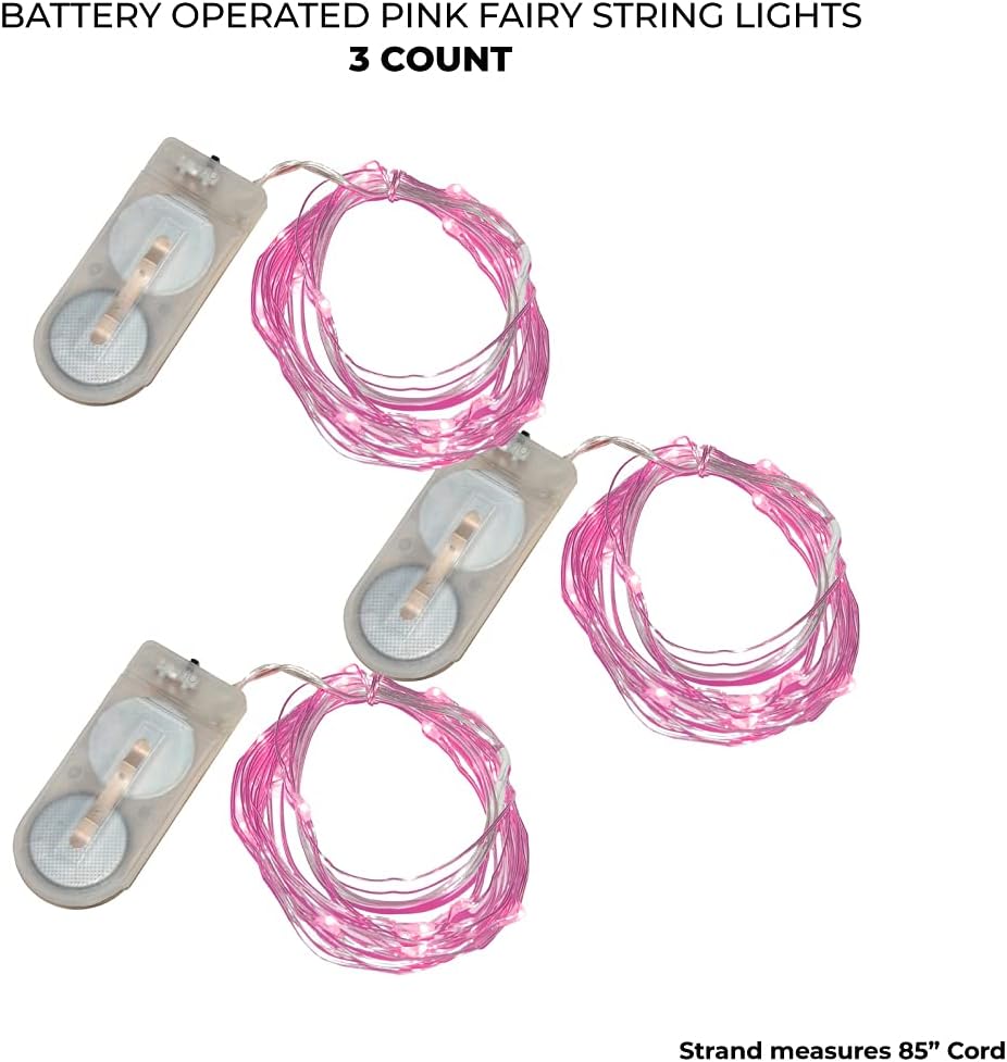 LumaBase Battery Operated LED Fairy String Lights, Pink - Set of 3