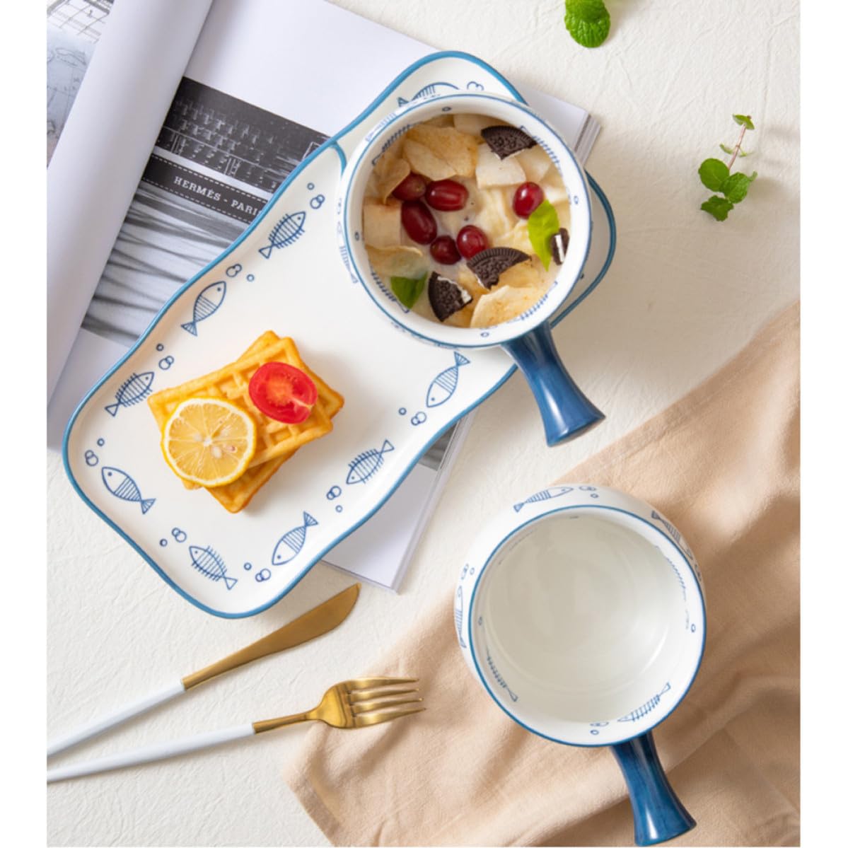 Zerodeko Plato Patrón de Peces Rectangular Blanco de Cerámica para Desayuno