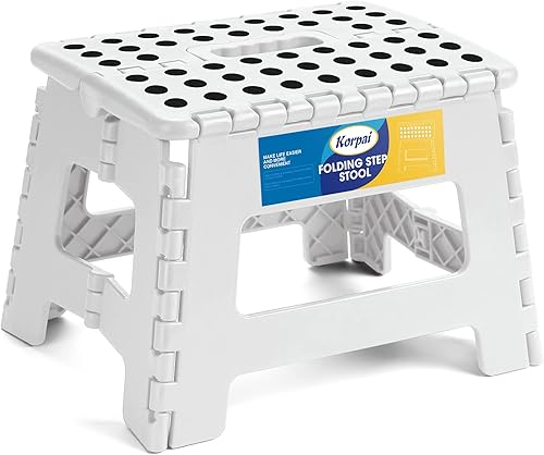 Korpai Taburete plegable de 9 pulgadas para adultos y niños con capacidad para hasta 300 libras, taburetes plegables antideslizantes con mango