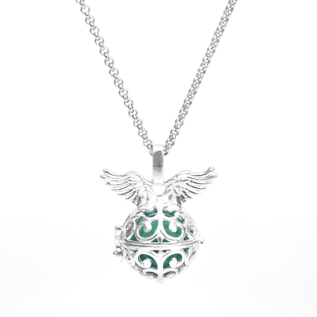 Wing Silver Mexican Bola Harmony Chime Ball Baby Angel Caller Pregnancy Pendant Necklace Women Gifts Presents 30" ( Light Green Ball )