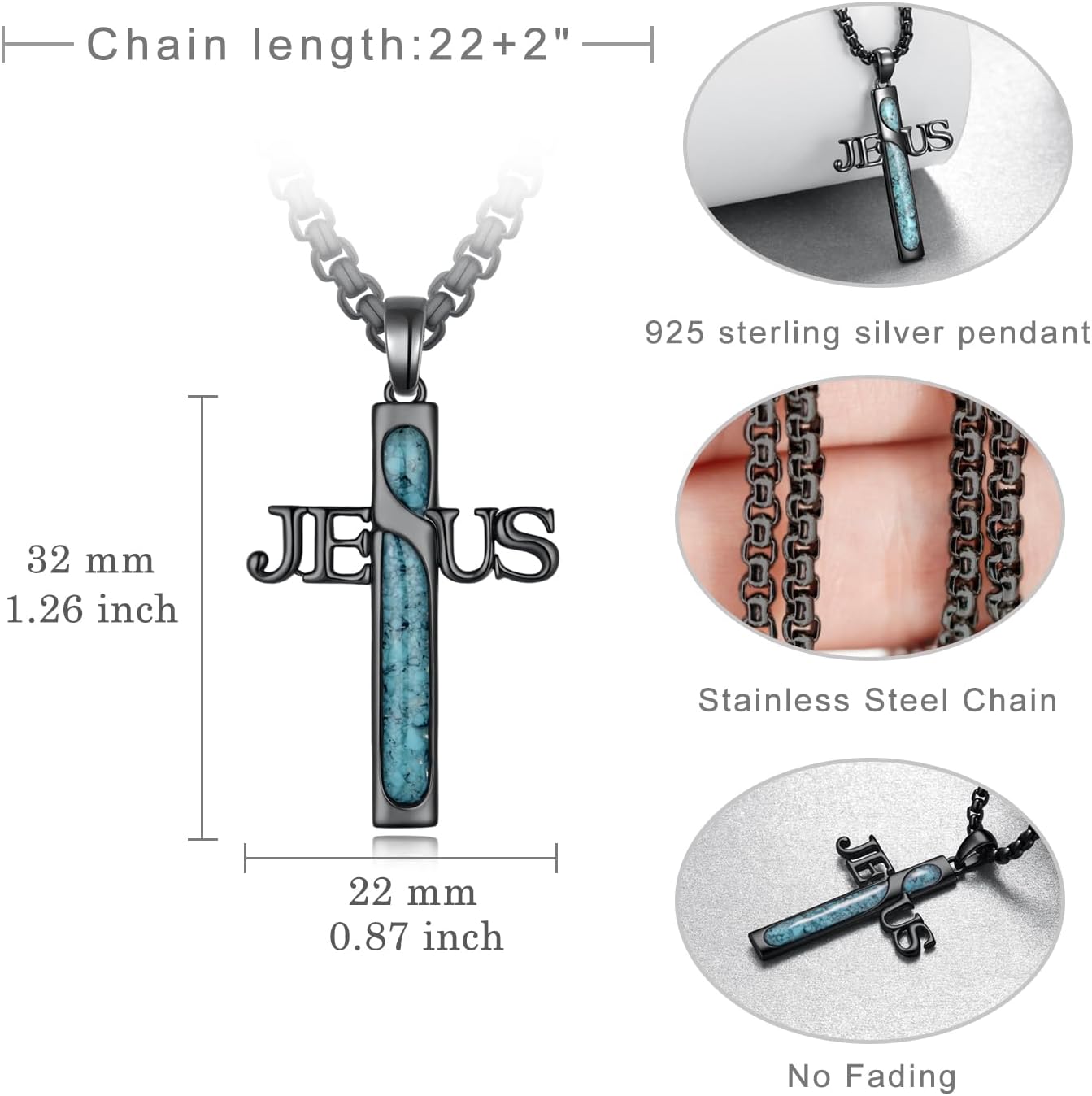Turquoise Cross Necklace 925 Sterling Silver Black Jesus Cross Necklace Jesus Turquoise Religious Jewelry Gifts for Men Women - Image 6