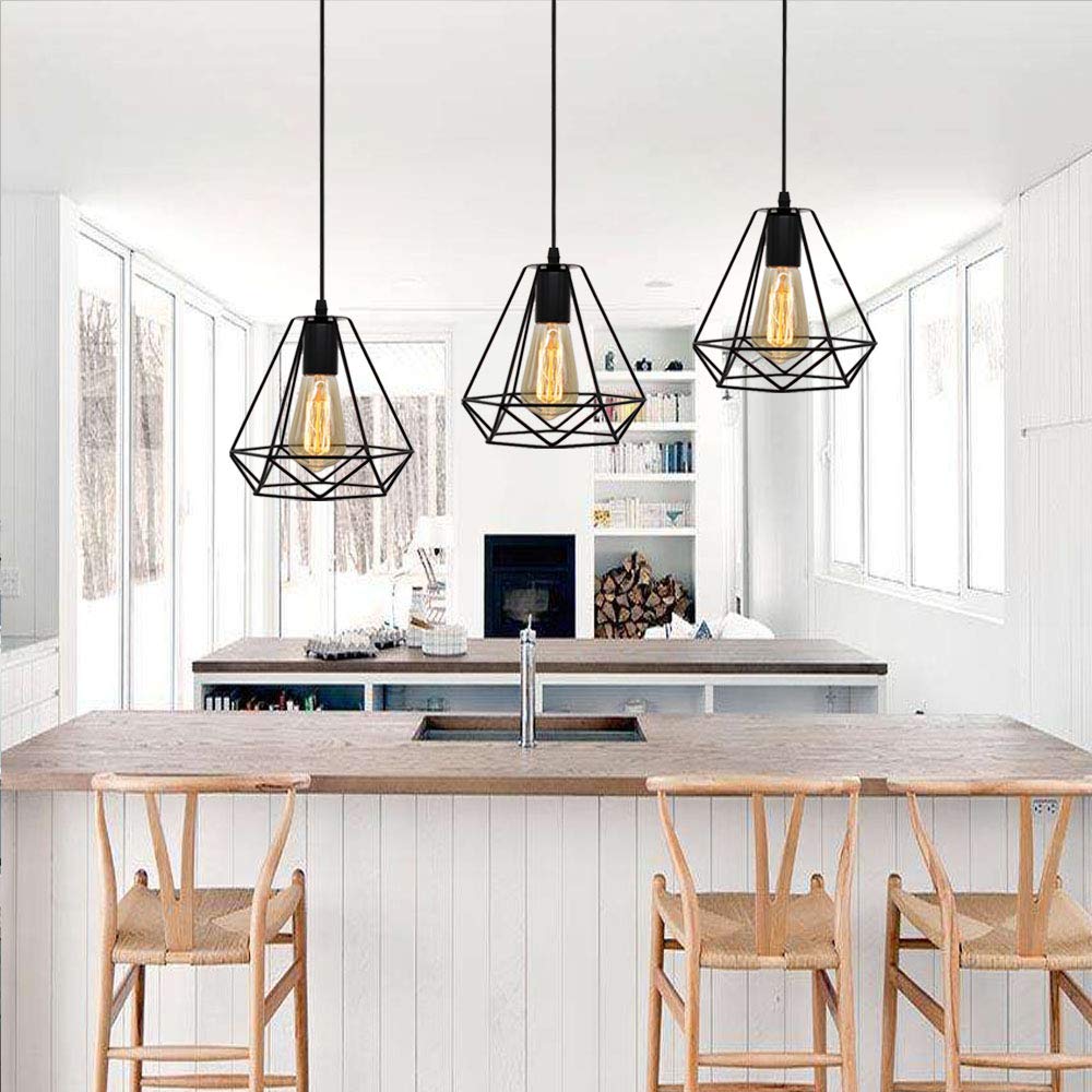STOEX Suspension Industrielle Vintage Cage Dimant, Lampe de Plafond Barre 3 Luminaire Métal Lustre Abat-Jour E27 Noir