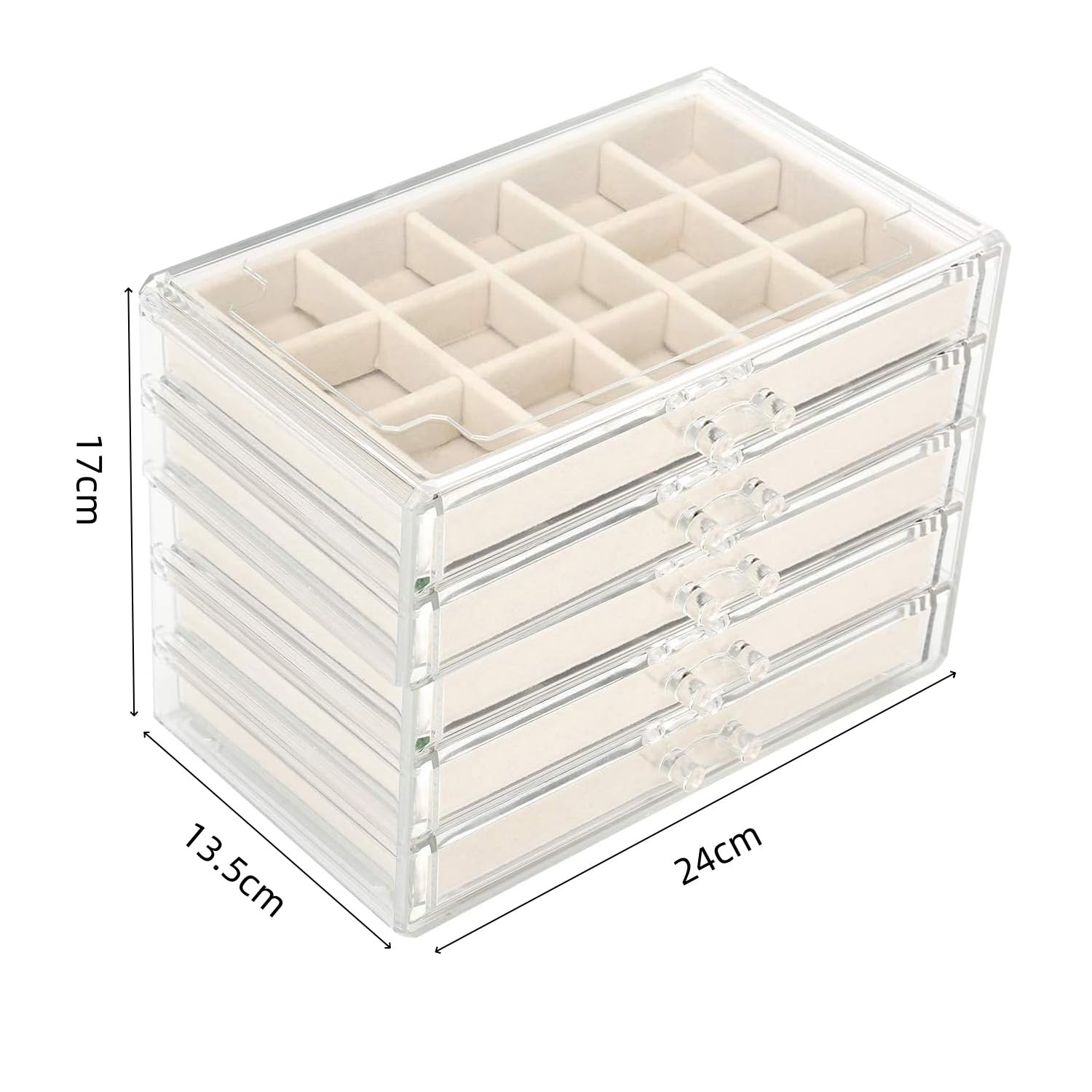 Caja organizadora de joyas de acrílico con bandejas de terciopelo, almacenamiento transparente para pendientes y anillos