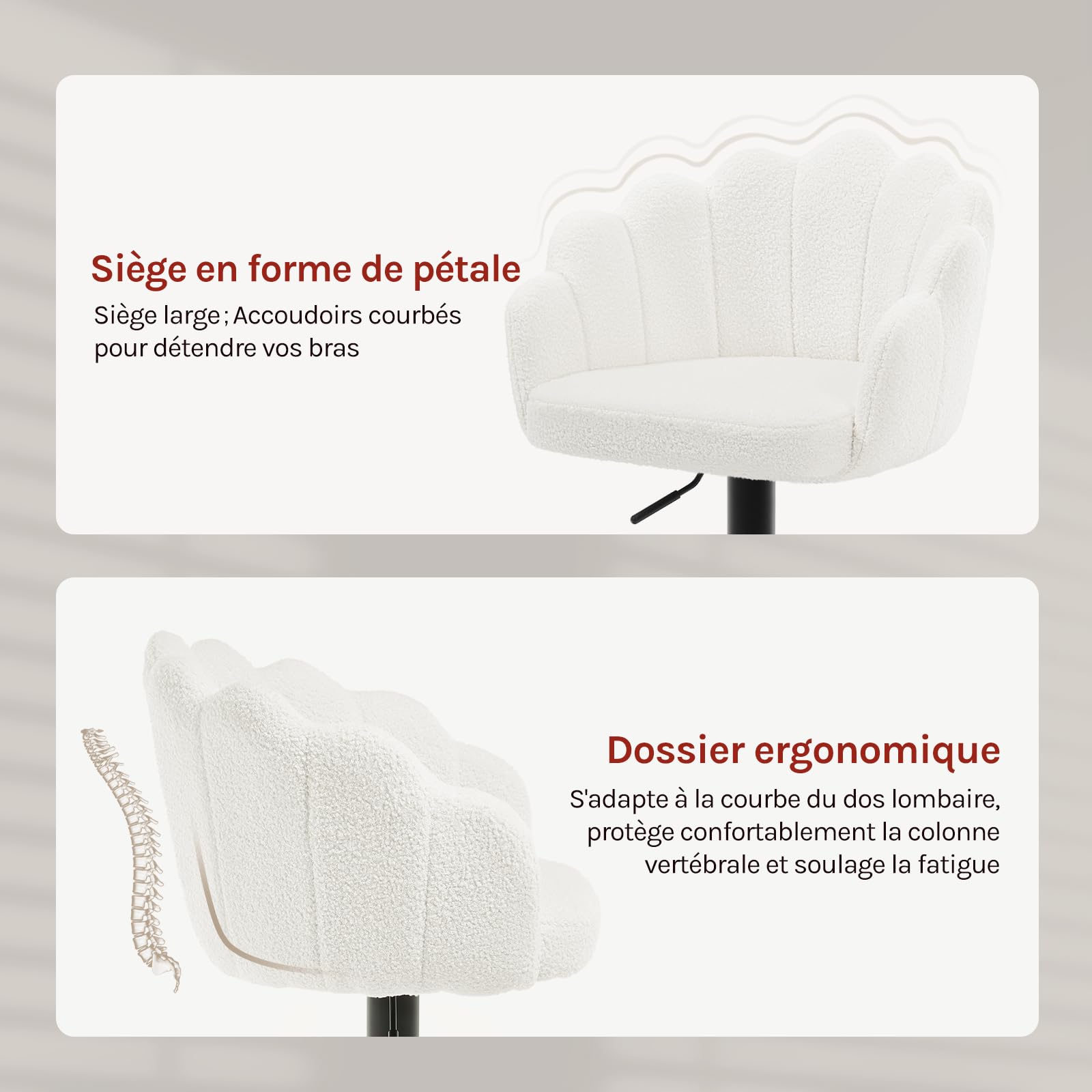 WOLTU Tabourets Bar, Lot de 2, Chaise Haute Bar, Réglable en Hauteur, Dossier en Forme de Pétale, Assise Pivotante en Velours Teddy, avec Repose-Pieds et Cadre en Métal, Beige