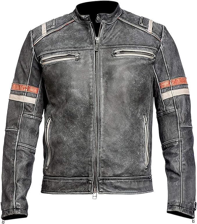 Image of Men's Leather Jacket Cafe Racer Biker Style Retro Stripes Jacket, Motorcycle Racing Leather Jacket Men