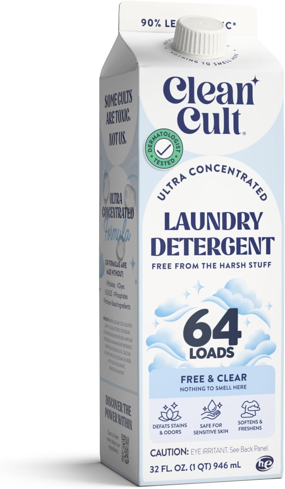 Ultra Concentrated Liquid Laundry Detergent Soap, 64 loads (32 oz), 90% Less Plastic, No Harsh Chemicals, Free & Clear, Defeats Stains & Odors, Eco-friendly, HE/Standard Compatible