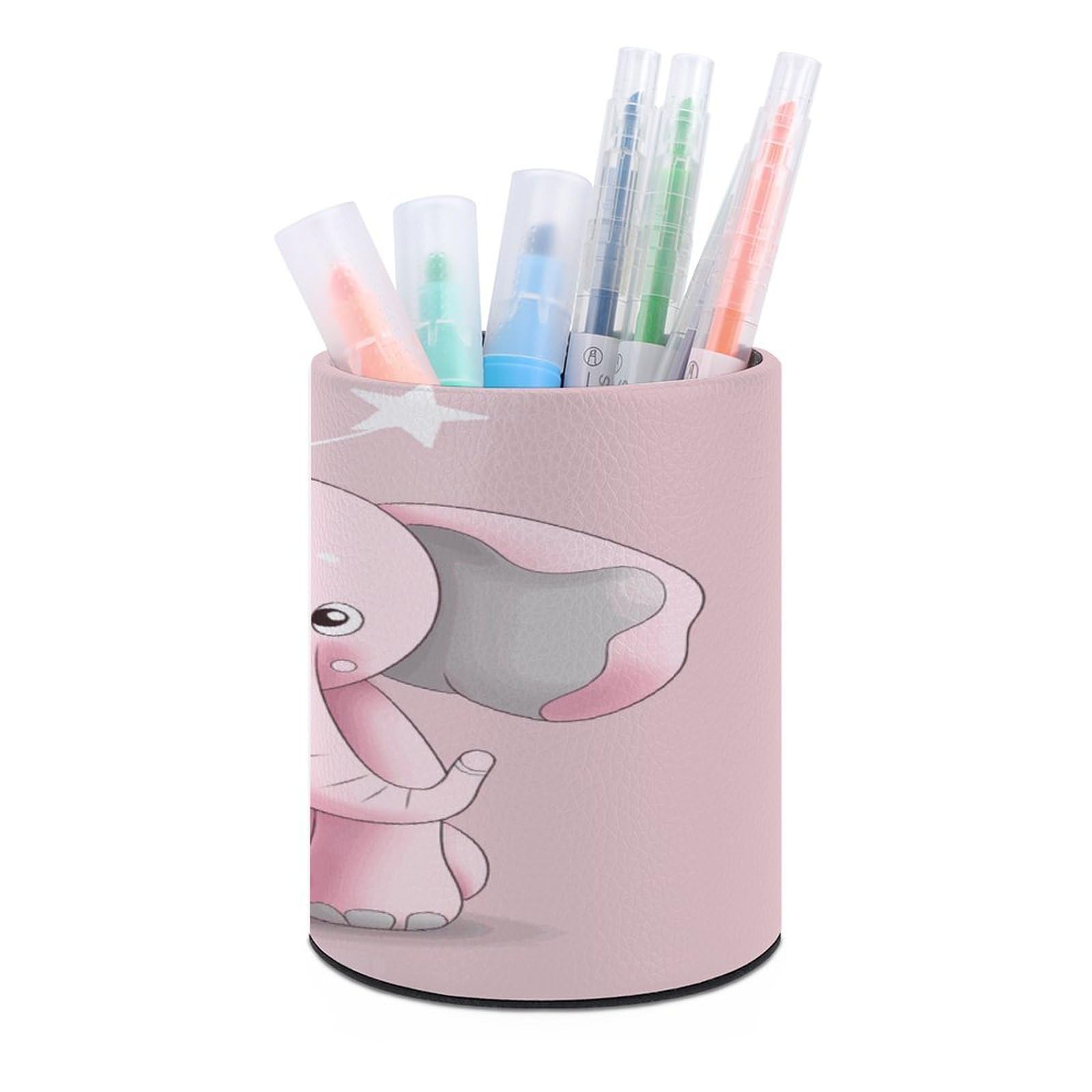 LDGSUPH Pink Elephant Round Pen Holder Leather Pen Cup Pencil Cup Pen Organizer Pencil Holder for Desk Organizer Pencil Organizers Makeup Brush Holders for Home Office Gift