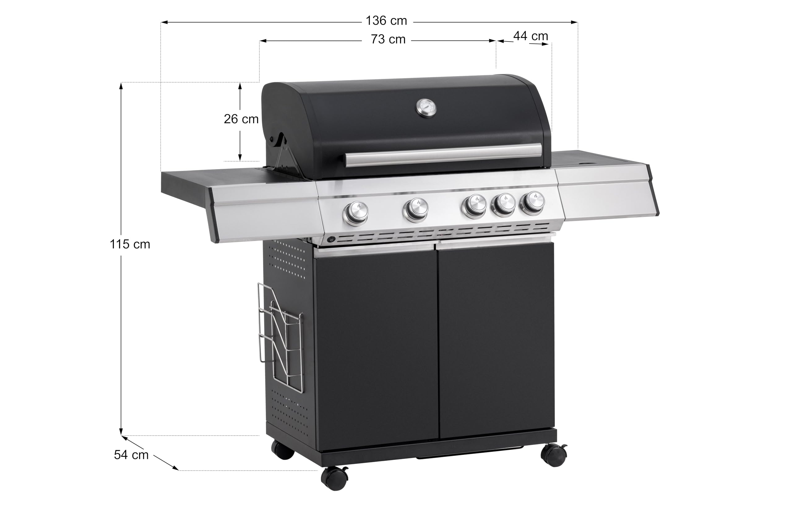 Tarrington House Barbacoa de gas Paxton de 4 + 1 Quemadores, Acero/Acero Inoxidable, Tapa con Termómetro, Mesa Auxiliar, Ruedas, Negro
