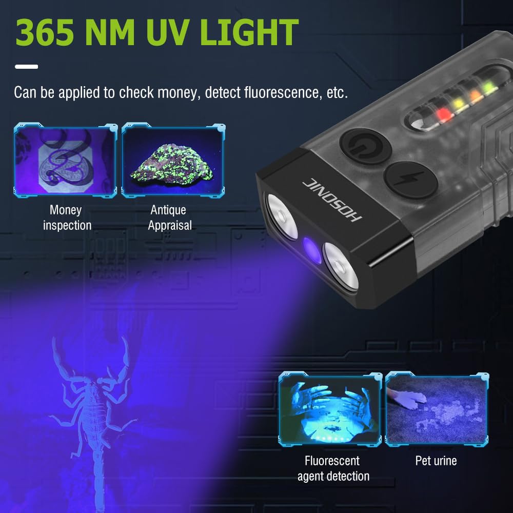 E9 Mini Torcia LED Potente 1000 Lumen, Piccola Torce Portachiavi con 365nm UV e Luce Colorata, 12 Modalità Ricaricabile USB Flashlight, Magnetica, IPX4 Impermeabile
