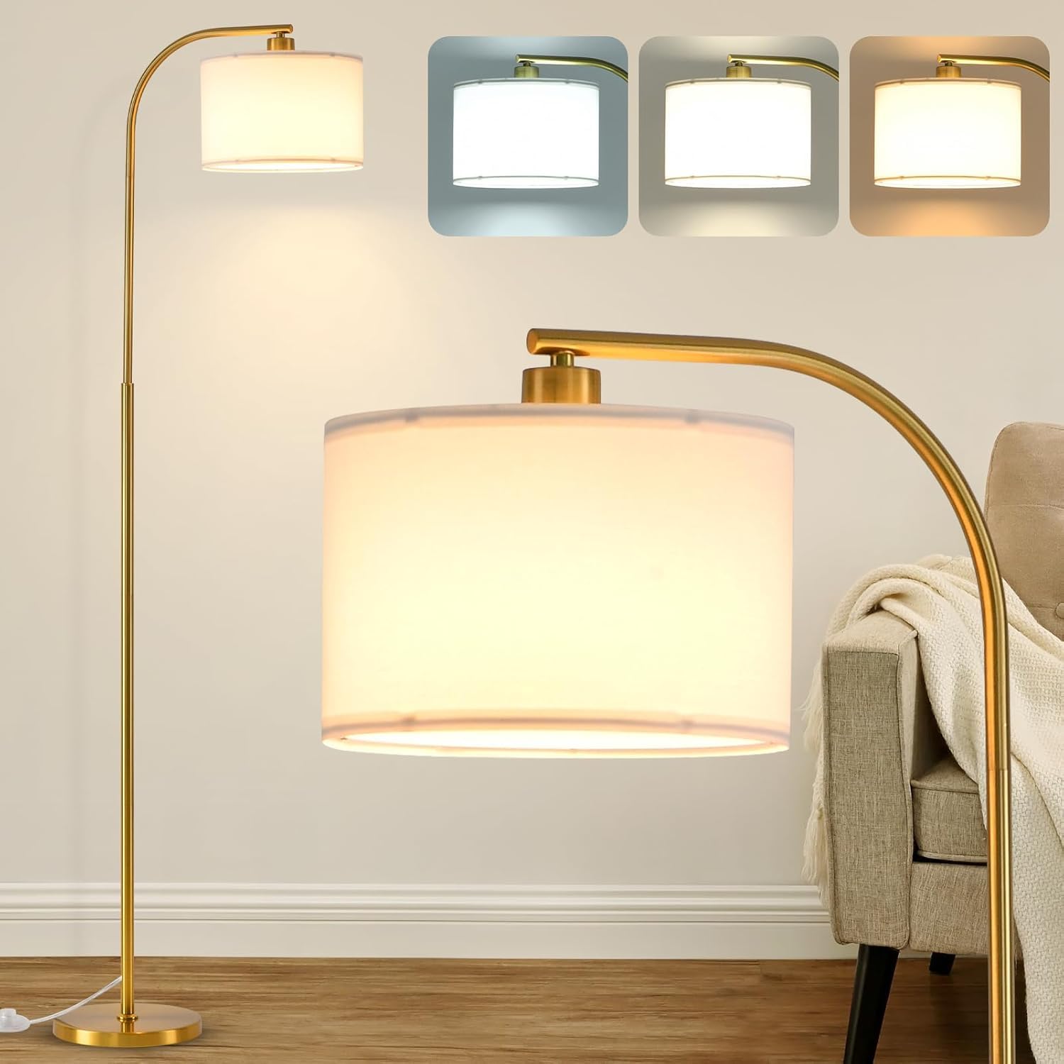DESGNT Modern Floor Lamps for Living Room,65'' Gold Standing lamp with Fabric Shade,Tall Lamps with 3 Colors Temperature,Floor Standing Lights for Bedroom Office Study Room Corner Dining Room