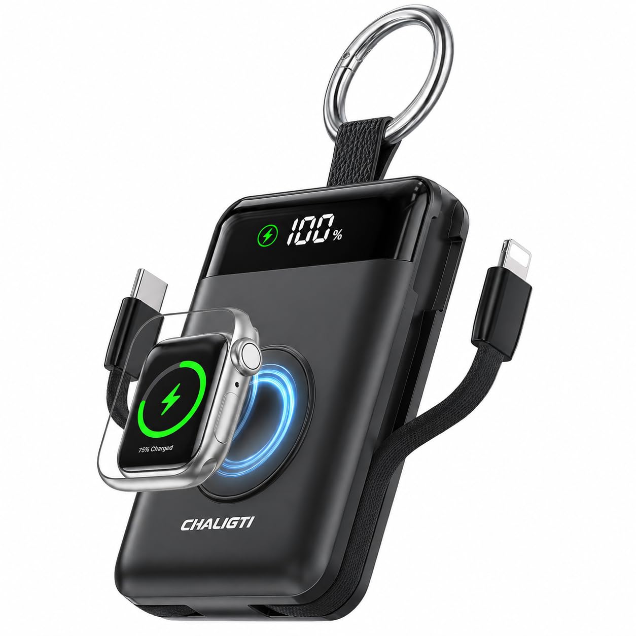 CHALIGTI 5000mAh Portable Charger with LED Display,PD 20W Super Fast Charging Power Bank with Built-in Cables,Travel Keychain Battery Pack for Apple Watch Series,iPhone Air/17/16/15/14/13/12(Black)