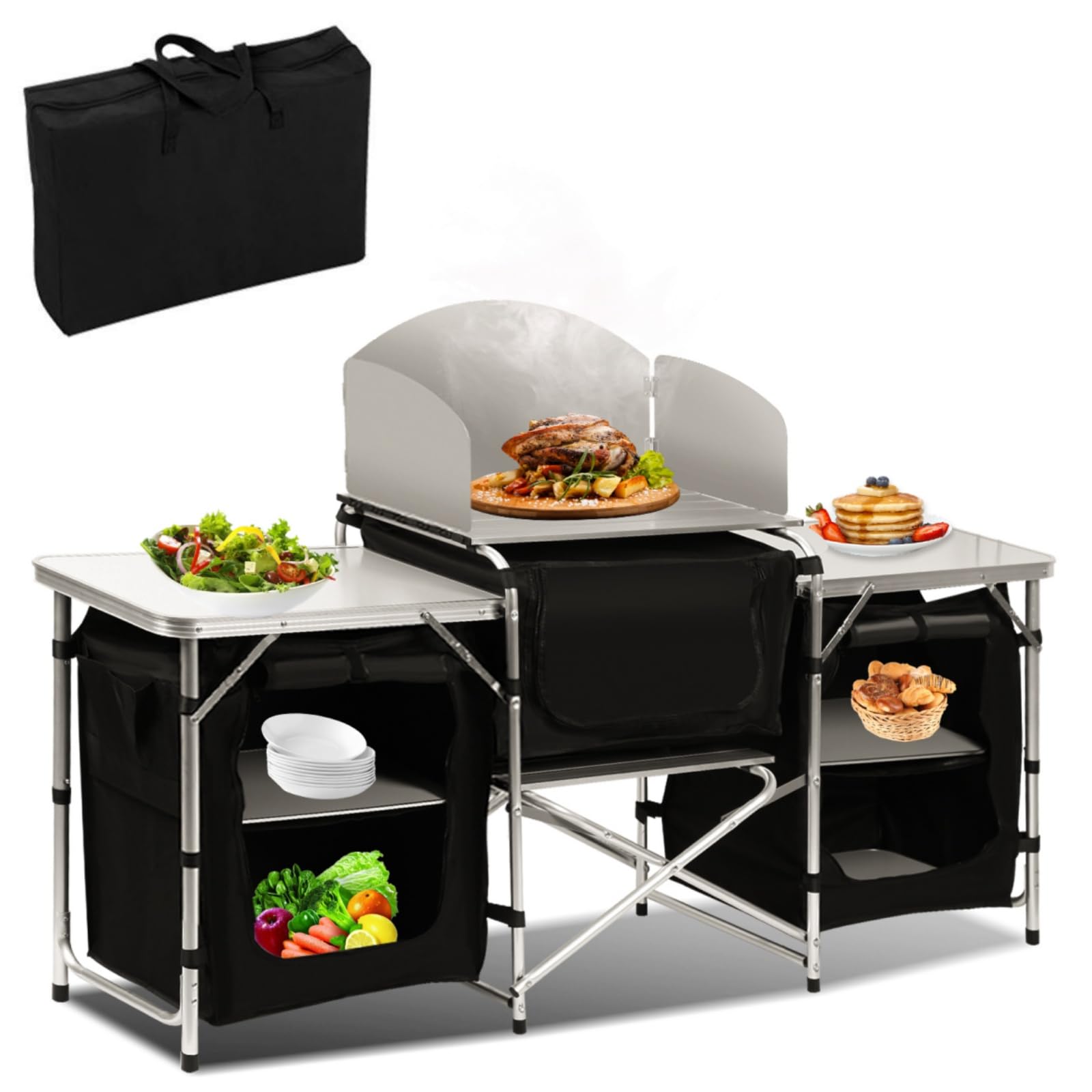 Cucina da campeggio, armadietto da campeggio con struttura in alluminio, pieghevole da campeggio con piano di lavoro resistente al calore e paraspruzzi, per campeggio e attività all'aperto,