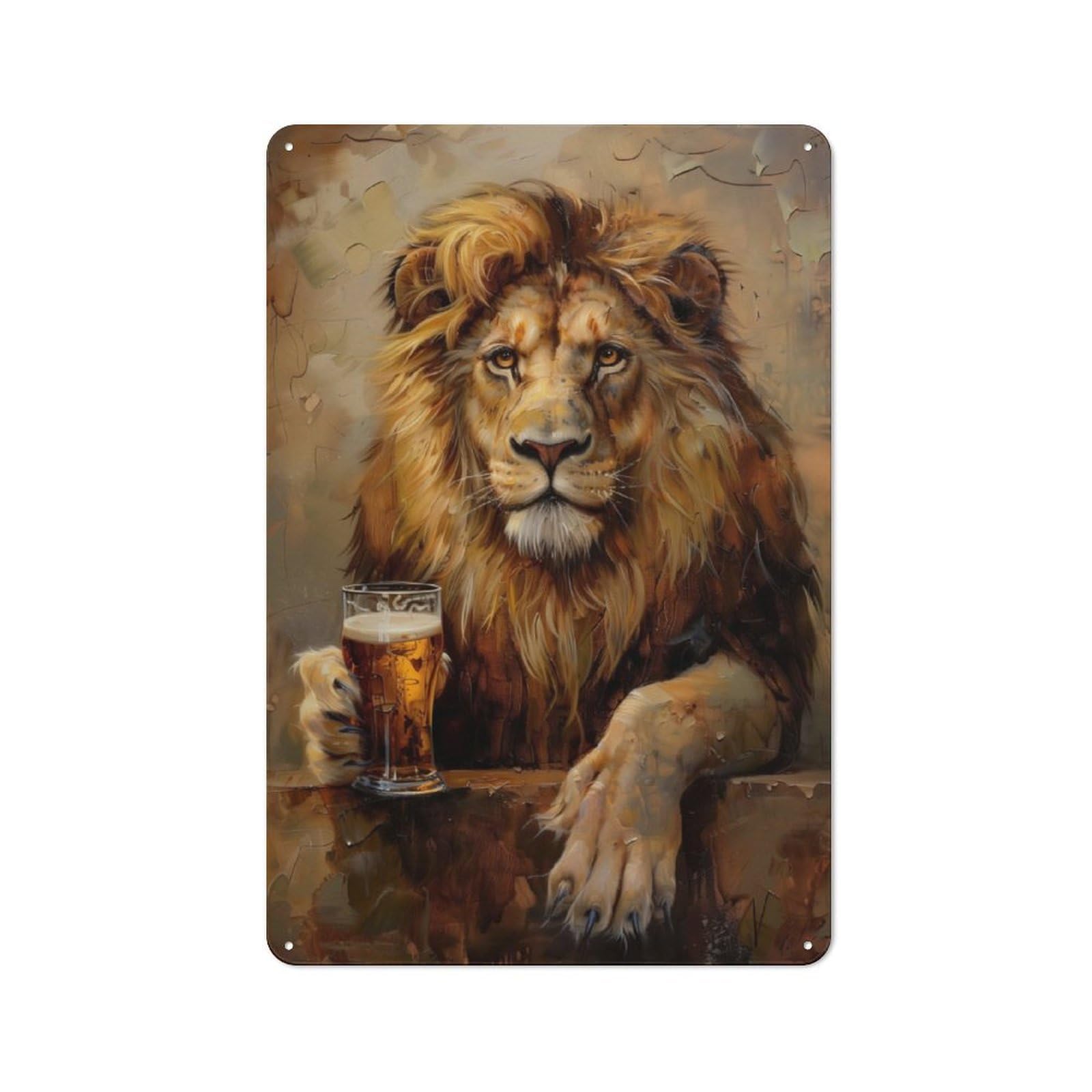 Metal Plaque 30x20cm with Beer Drinking Lion for Hallway Wall, Retro Decor, for Wall Display Collectors
