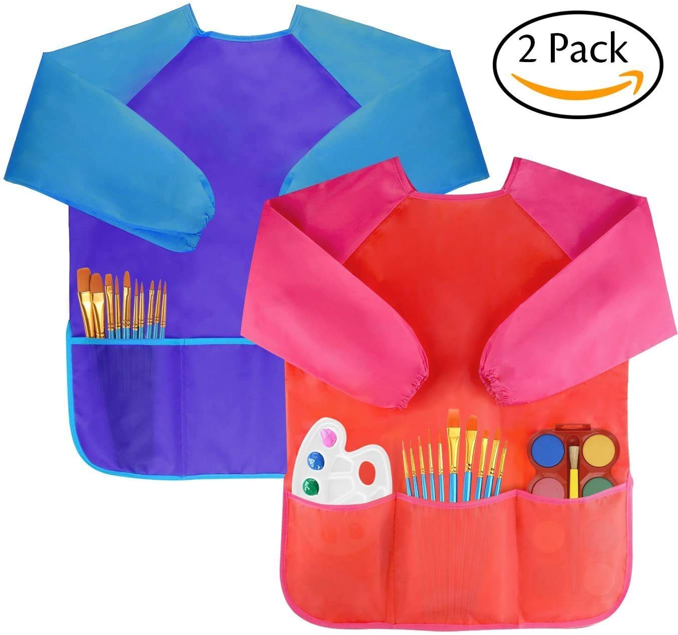 Amaza Tablier Peinture Enfant Imperméable 3-8 ans Manches Longues 3 Poches Fermeture Scratch
