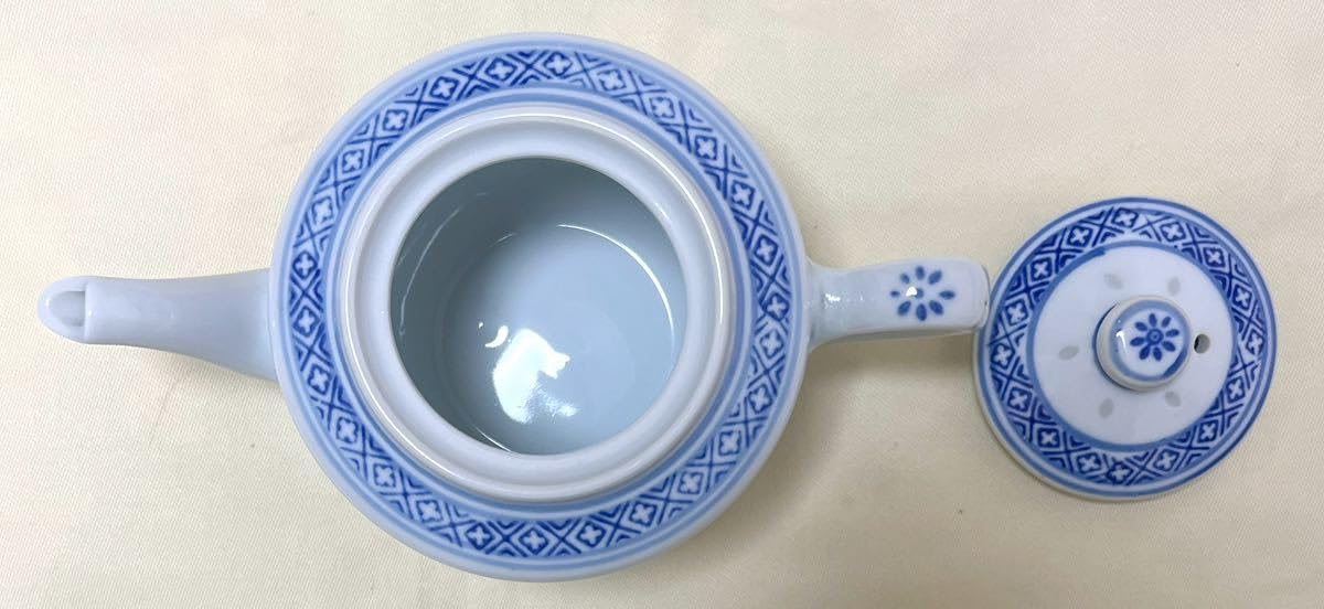 中国景徳鎮 蛍焼 染付 湯呑 六客 急須 煎茶道具 茶器 中国食器 透かし
