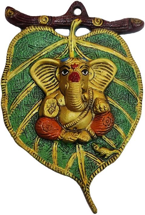 Wonder Care Metal Ganesha Statue On Leaf Wall Hanging for Decoration Room Decor Diwali Gift Item, Gold