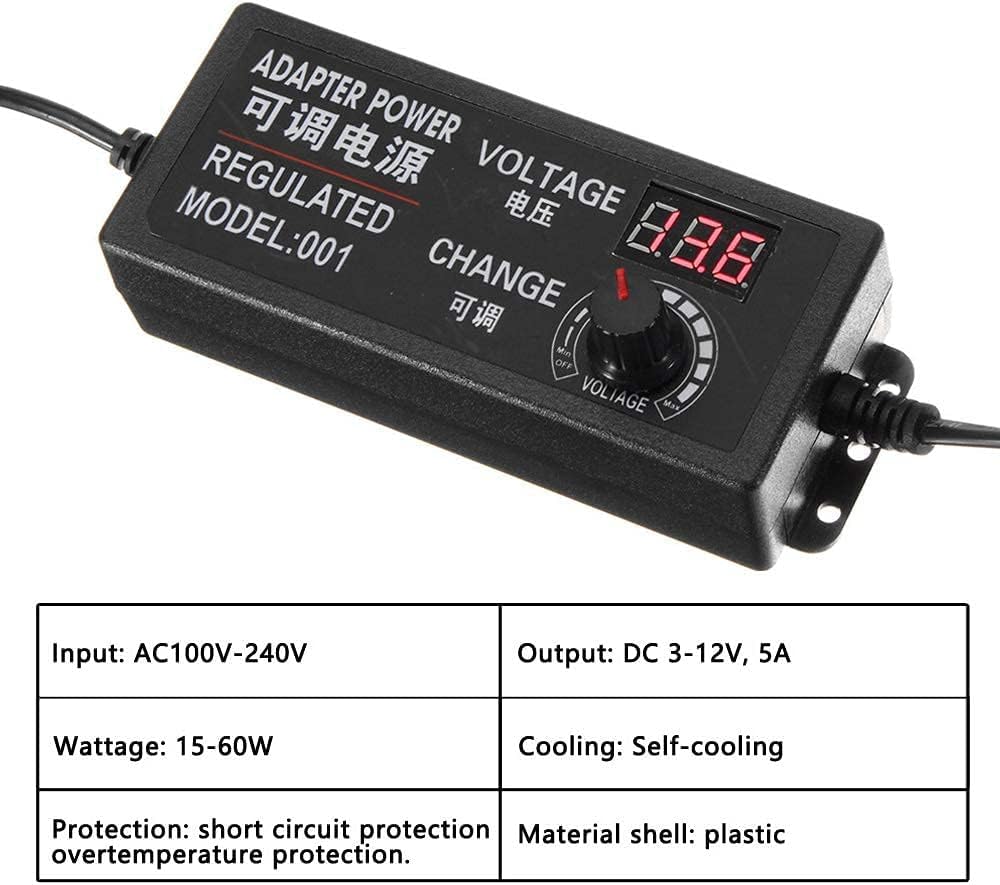 Adaptador de corriente universal de conmutación ajustable CA/CC, 100-240 V a 3-12 V 5 A 50-60 Hz con pantalla de voltaje LED para electrónica doméstica tira de luz LED, Negro, 3-12V 5A - With