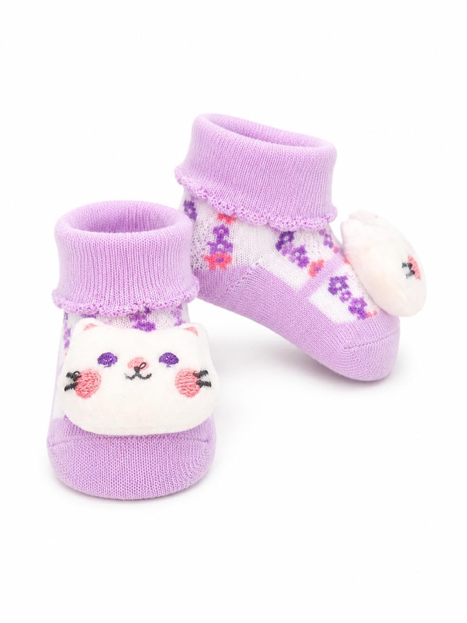 Baby Cartoon Booties for Babies & Toddlers | Soft Cotton Baby Booties | Purple Cat Design-image-2