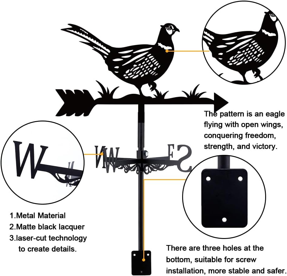 SUPERDANT Chicken Weather Vane Animal Black Metal Weathervane Pheasant Wind Direction Indicators Wind Vanes Signs for Farmhouse Outdoor Garden Roof Paddock Decoration 35.8x26.5cm
