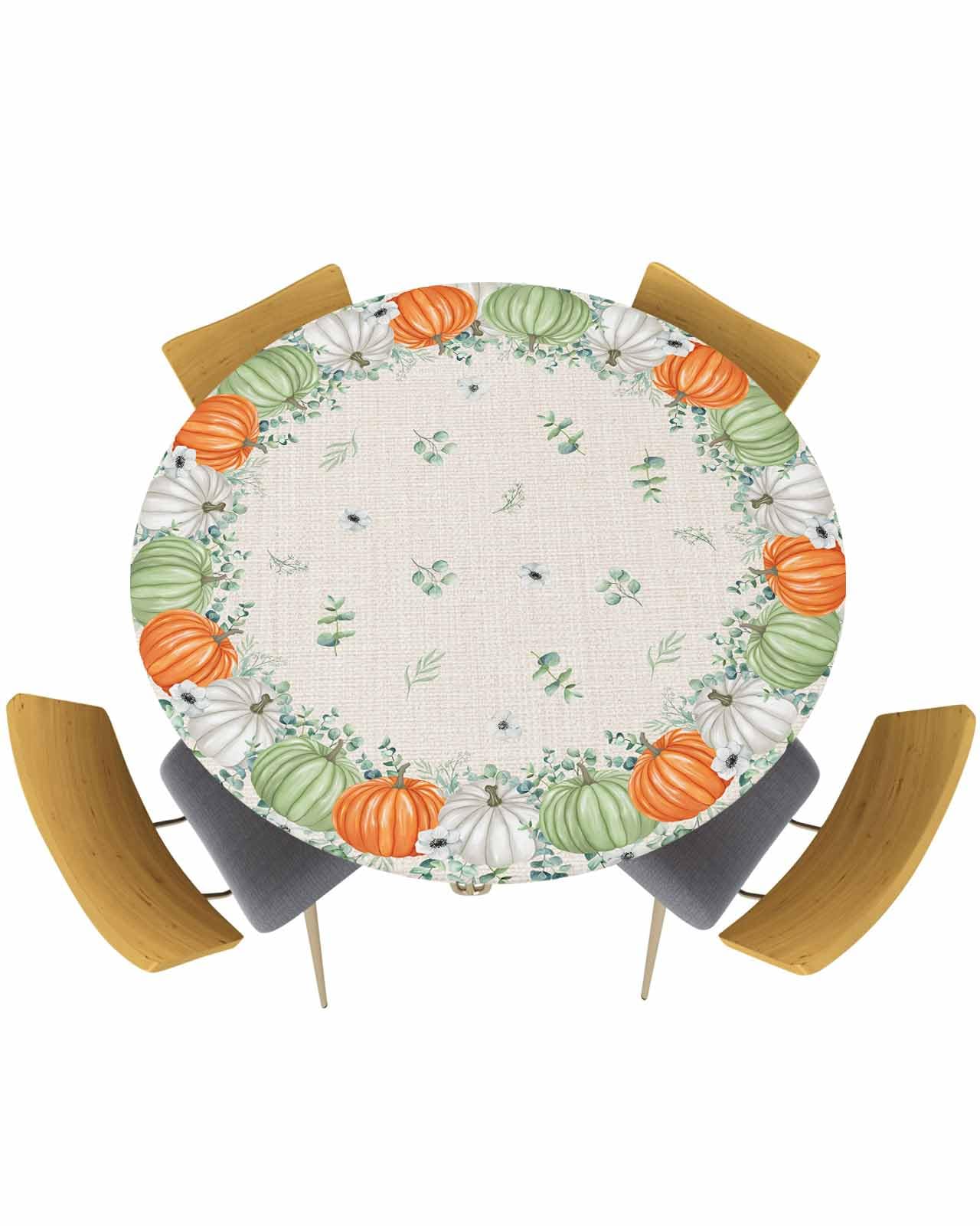 Chucoco Fall Thanksgiving Round Fitted Tablecloth with Elastic Edge, Farm Pumpkin Eucalyptus Retro Waterproof Round Table Cover, Washable Fitted