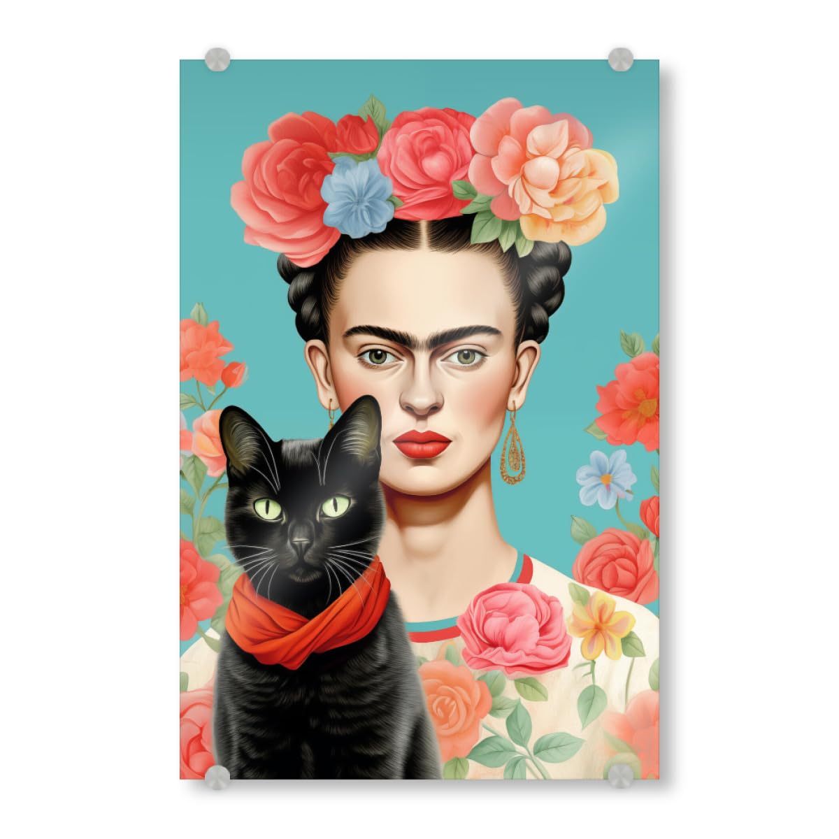 artboxONE Acrylglasbild 120x80 cm Floral Fridas Katzenliebe - Bild wandkunst Frida Kahlo