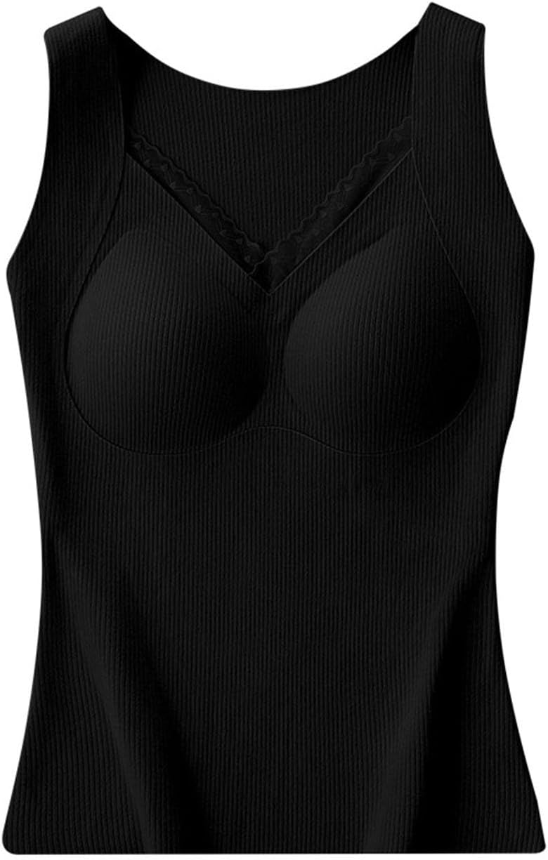 Winter Tank Tops for Women Solid Seamless Thermal Underwear V Neck Sleeveless Cozy Breathable Vest with Chest Pad